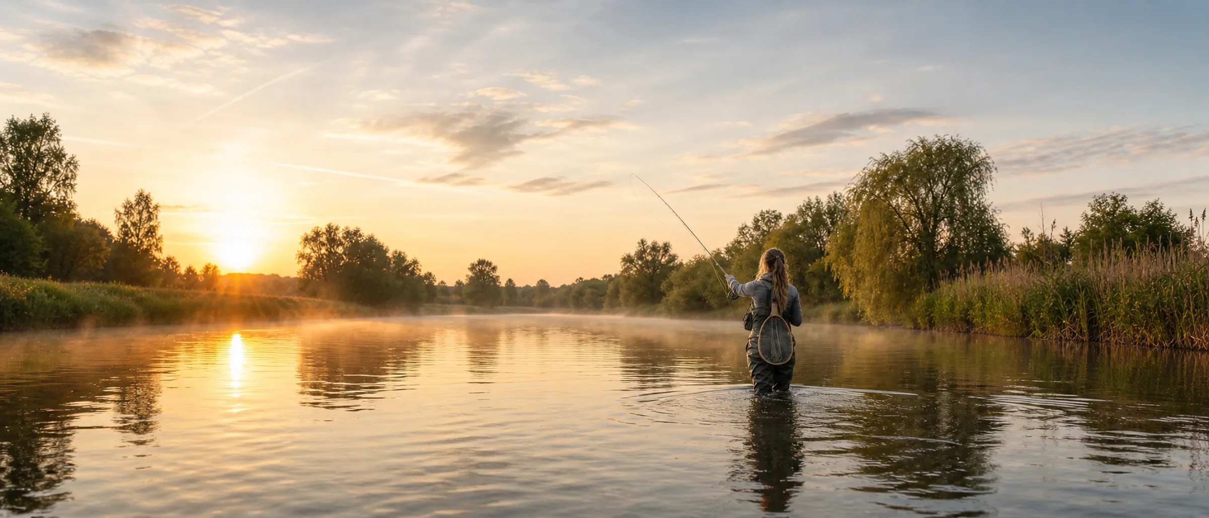 Fliegenfischerin in einem ruhigen Fluss bei Sonnenuntergang