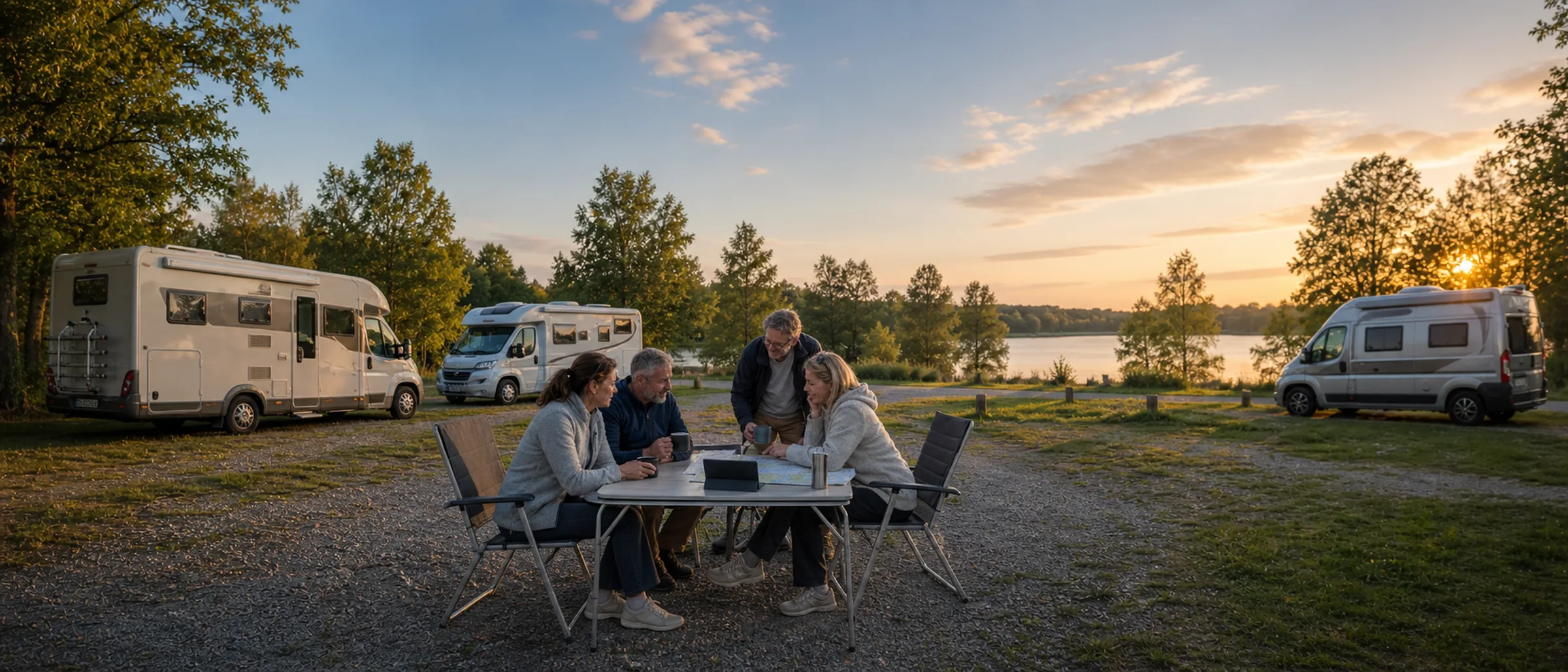 Clubmitglieder bei einem Wohnmobil-Treffen am Campingtisch