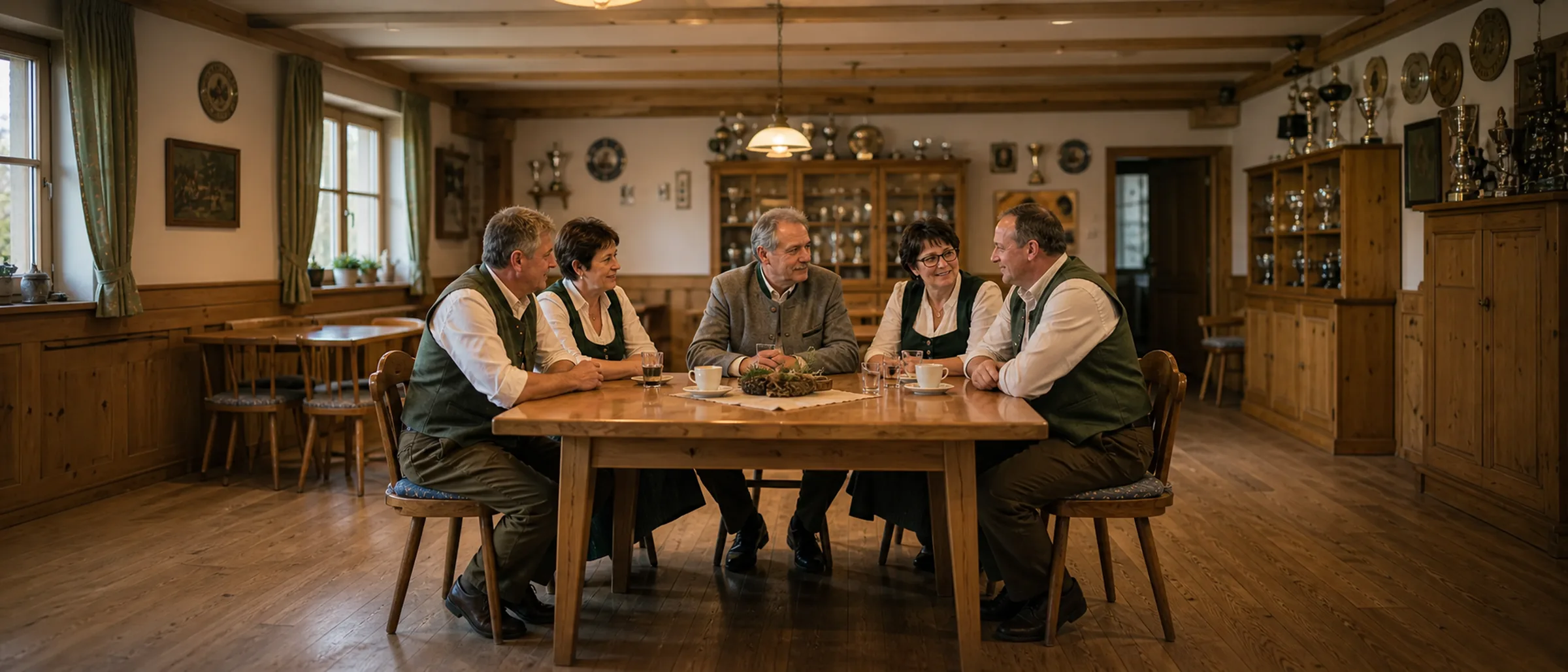 Mitglieder eines Schützenvereins im Vereinsheim am Holztisch