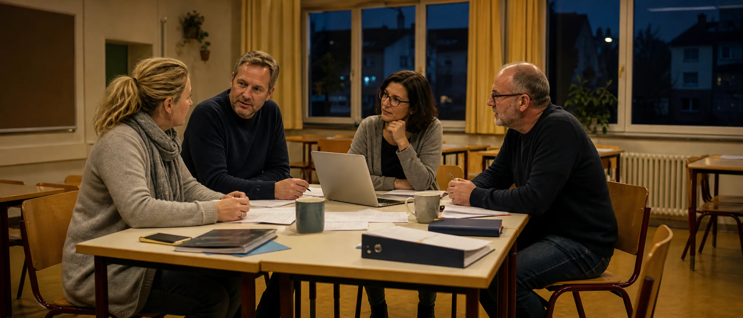 Eltern eines Schul-Fördervereins bei einer Vorstandssitzung im Klassenzimmer