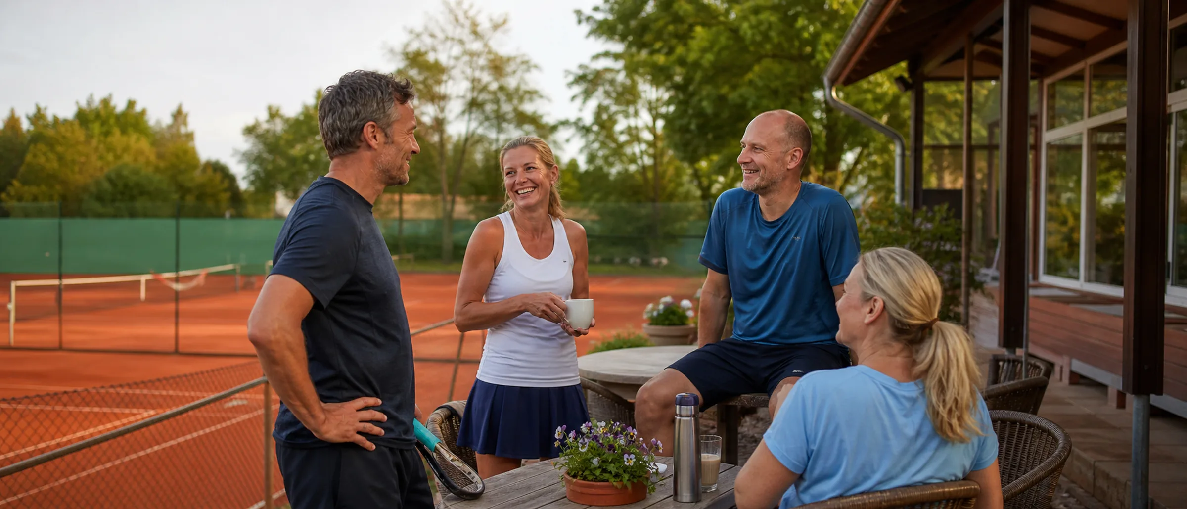 Mitglieder eines Tennis-Clubs auf der Clubhaus-Terrasse am Sandplatz